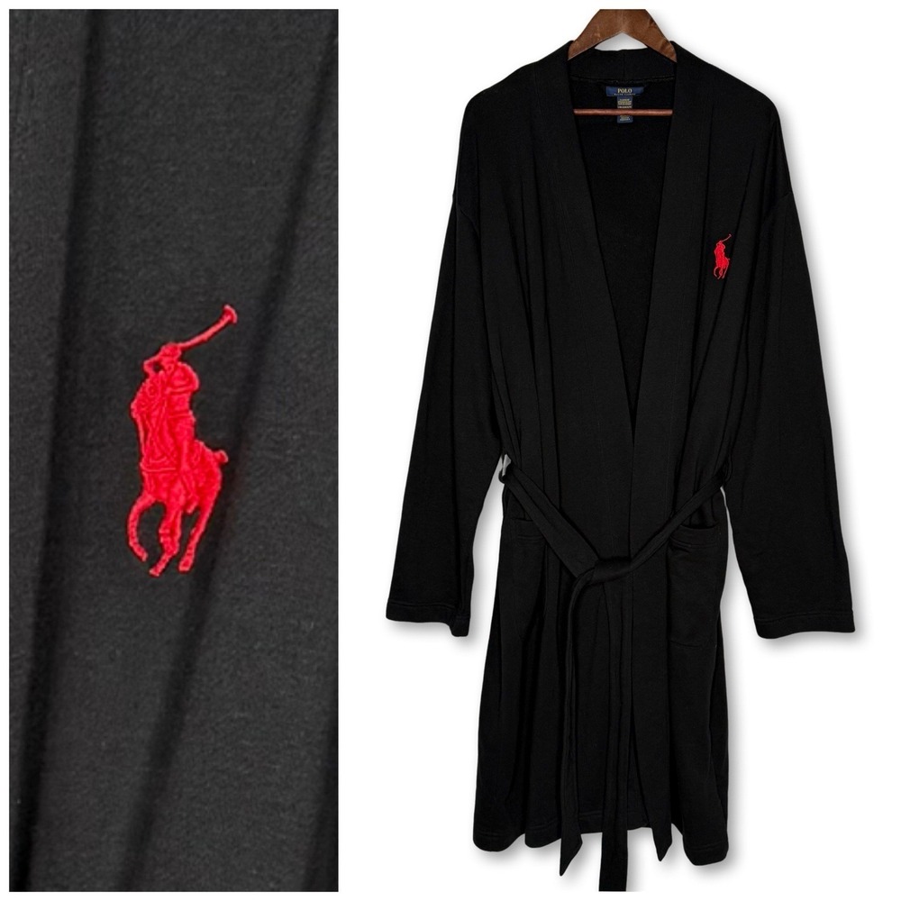 Polo Ralph Lauren Plush Soft Black Red Pony Fleece Bathrobe‎ L/XL Knee Length